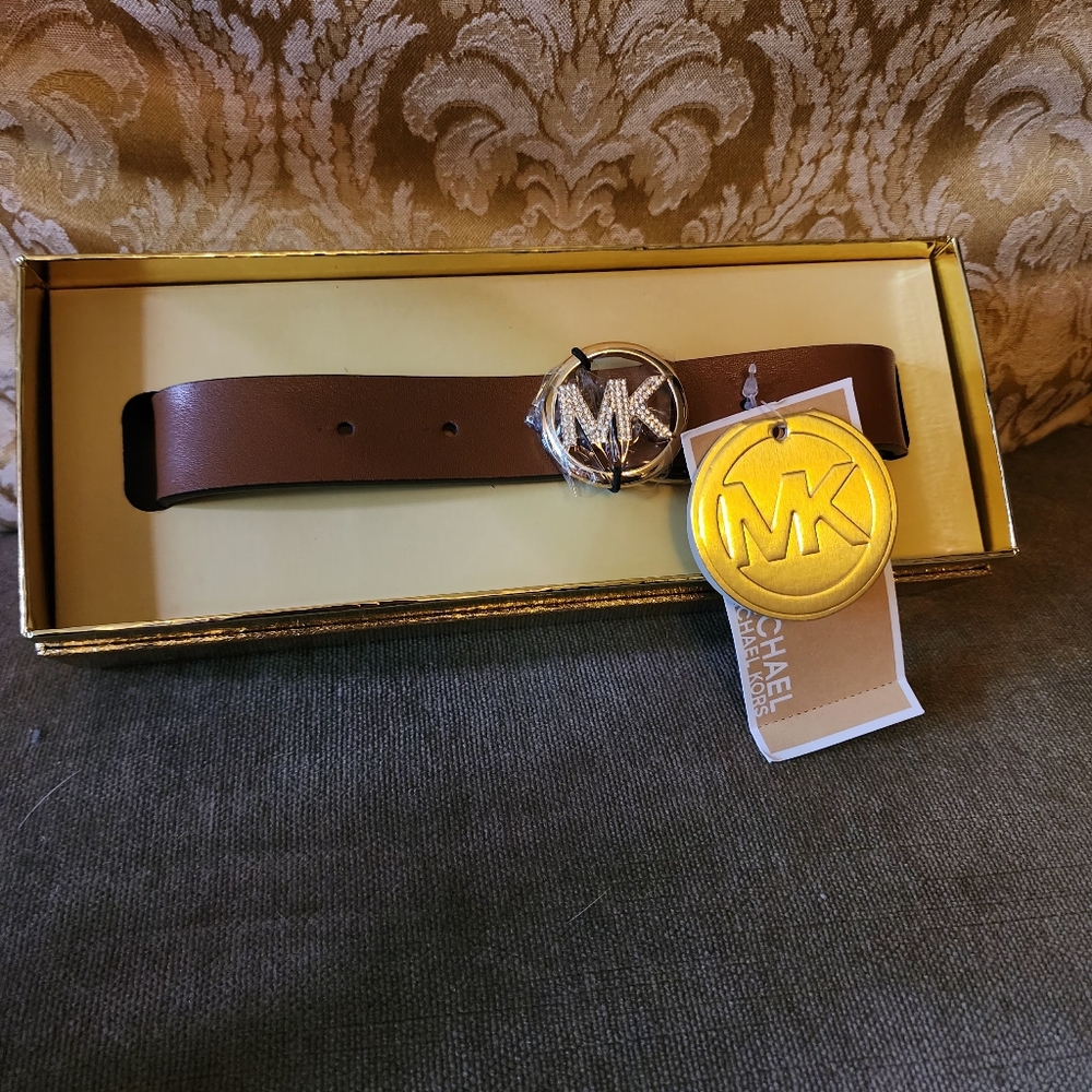Michael Kors MK Women's 25mm Brown Rhinestone Logo Belt Size L/XL